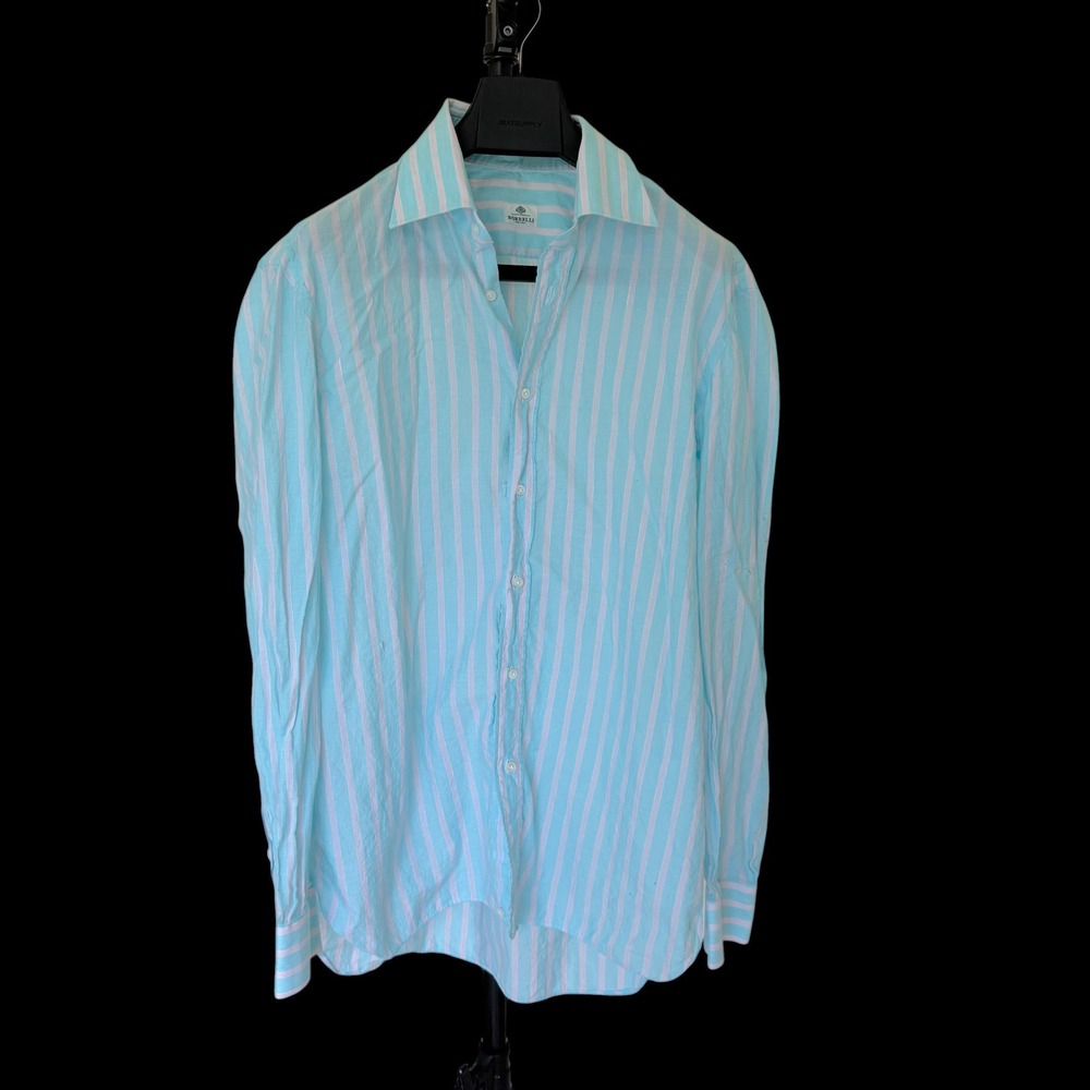 Borrelli Napoli 16.5 42 Blue Pink Striped Cotton Linen Button Down Shirt Holes